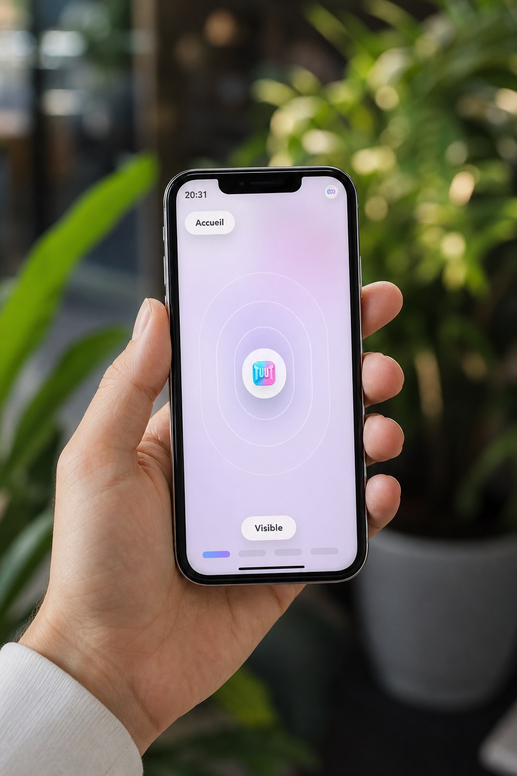 Une main tient un smartphone avec l'interface TuuT deja intégrée à l'écran