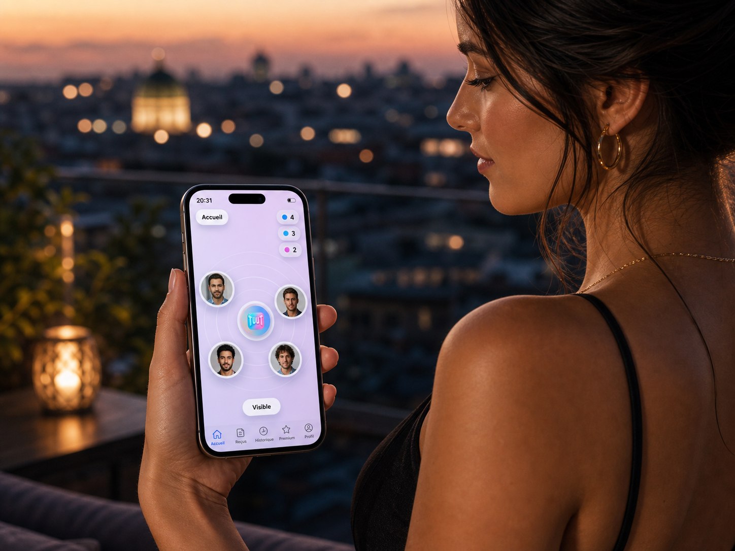 Une femme tient un telephone TuuT avec des profils masculins et des compteurs radar visibles dans une ambiance rooftop de fin de journee