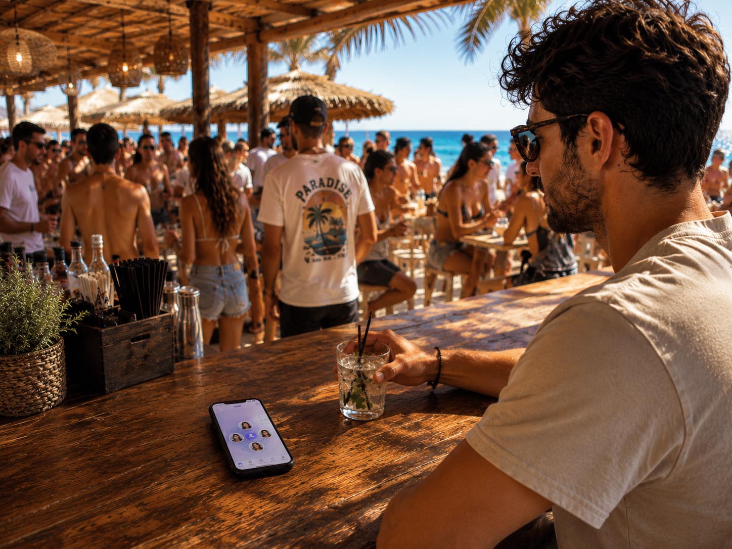 Un homme en terrasse avec le telephone pose sur la table et un radar TuuT avec profils feminins visibles a l'ecran