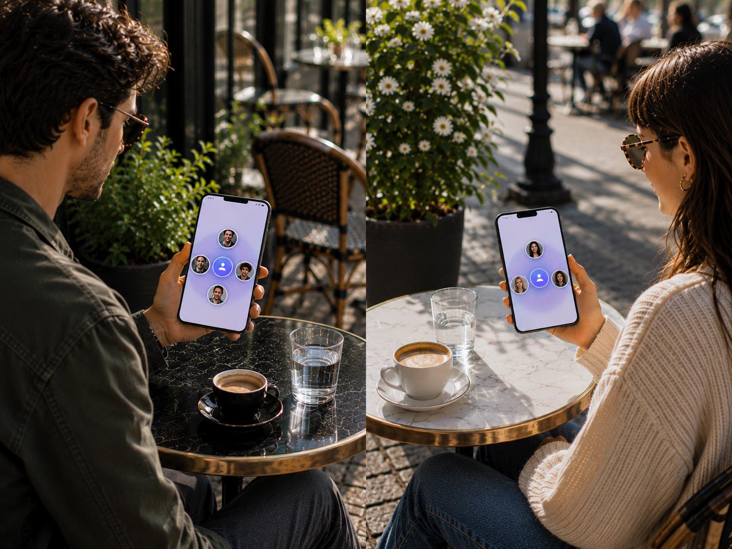Deux personnes en terrasse regardent un telephone avec le radar TuuT et des profils proches visibles
